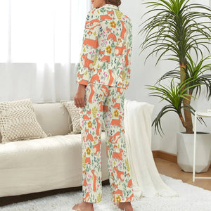 image of a woman wearing a cute corgi pajamas set - beige pajamas set for women - back view
