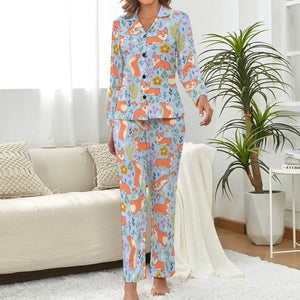 image of a woman wearing a cute corgi pajamas set - blue pajamas set for women 