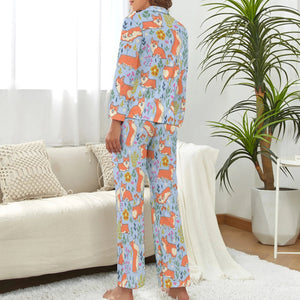 image of a woman wearing a cute corgi pajamas set - blue pajamas set for women - back view