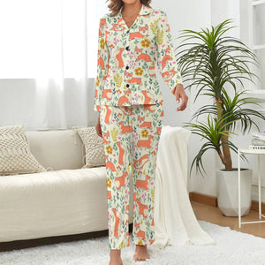 image of a woman wearing a cute corgi pajamas set - beige pajamas set for women 