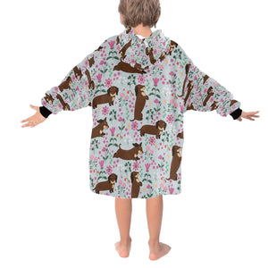 image of a grey dachshund blanket hoodie for kids - back view