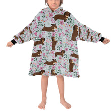 Load image into Gallery viewer, image of a kid wearing of a dachshund blanket hoodie for kids - grey