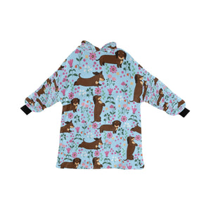 image of a light blue dachshund blanket hoodie for kids