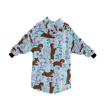 Load image into Gallery viewer, image of a light blue dachshund blanket hoodie for kids - back view
