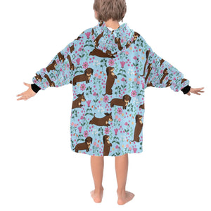 image of a light blue dachshund blanket hoodie for kids - back view