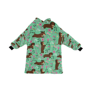 image of a green dachshund blanket hoodie for kids