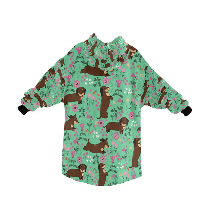 image of a green dachshund blanket hoodie for kids - back view