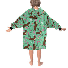 Load image into Gallery viewer, image of a green dachshund blanket hoodie for kids - back view
