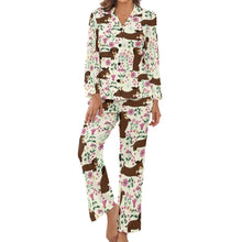 Load image into Gallery viewer, image of a woman wearing dachshund pajamas set in beige