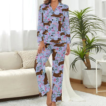 Load image into Gallery viewer, image of a woman wearing a purple dachshund pajamas set for women