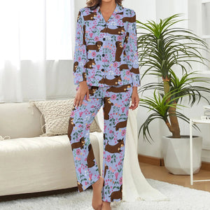 image of a woman wearing a purple dachshund pajamas set for women