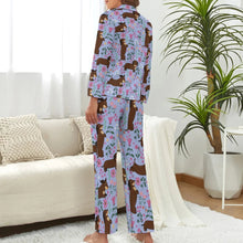 Load image into Gallery viewer, image of a woman wearing a purple dachshund pajamas set for women - back view