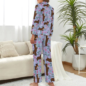 image of a woman wearing a purple dachshund pajamas set for women - back view