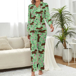 image of a woman wearing a green dachshund pajamas set for women
