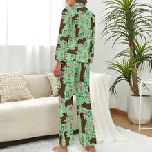 Load image into Gallery viewer, image of a woman wearing a green dachshund pajamas set for women - back view