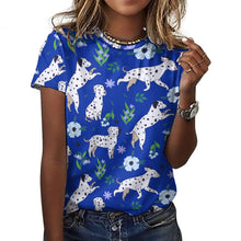 Load image into Gallery viewer, image of a woman wearing a blue dalmatian t-shirt for women