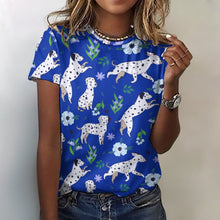 Load image into Gallery viewer, image of a woman wearing a blue dalmatian t-shirt for women