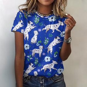 image of a woman wearing a blue dalmatian t-shirt for women
