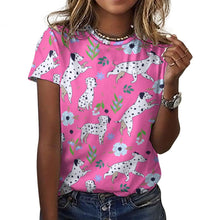 Load image into Gallery viewer, image of a woman wearing a pink dalmatian t-shirt for women