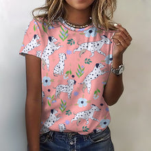 Load image into Gallery viewer, image of a woman wearing a peach dalmatian t-shirt for women