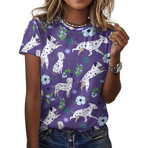 image of a woman wearing a purple dalmatian t-shirt for women