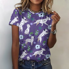 Load image into Gallery viewer, image of a woman wearing a purple dalmatian t-shirt for women