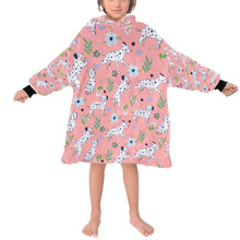 Load image into Gallery viewer, image of a kid wearing a dalmatian blanket hoodie for kids - light pink