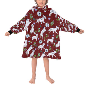 image of a kid wearing a dalmatian blanket hoodie for kids - maroon