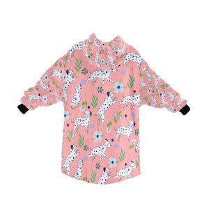 image of a light pink colored dalmatian blanket hoodie for kids - back view
