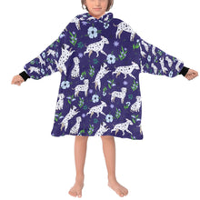 Load image into Gallery viewer, image of a kid wearing a dalmatian blanket hoodie for kids - midnight blue