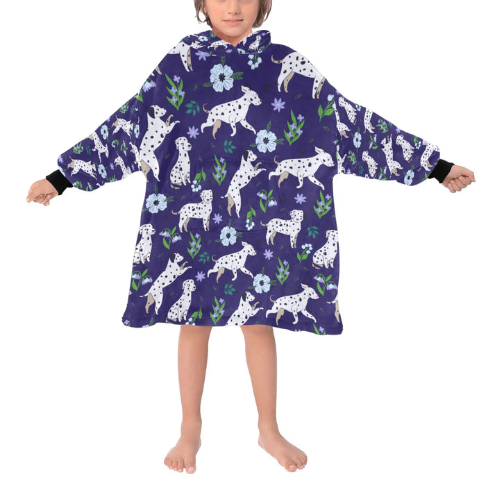 image of a kid wearing a dalmatian blanket hoodie for kids - midnight blue