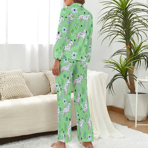 image of a woman wearing a cute green colored dalmatian pajamas set for women - back view