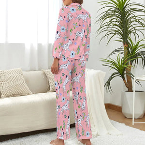 image of a woman wearing a cute pink colored dalmatian pajamas set for women - back view