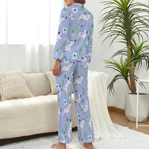 image of a woman wearing a cute blue colored dalmatian pajamas set for women - back view