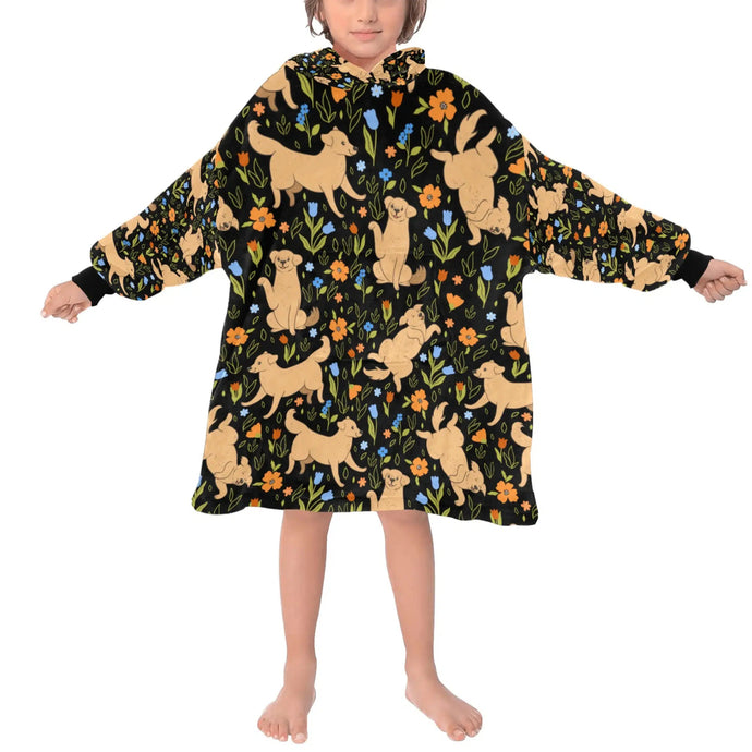image of a kid wearing a labrador blanket hoodie - black