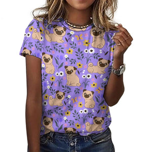 image of a woman wearing a purple plum pug t-shirt for women 