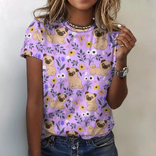 Load image into Gallery viewer, image of a woman wearing a lavender pug t-shirt for women 