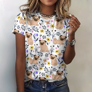 image of a woman wearing a white pug t-shirt for women 