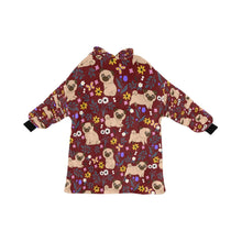 Load image into Gallery viewer, image of a maroon pug blanket hoodie with pugs and floral theme