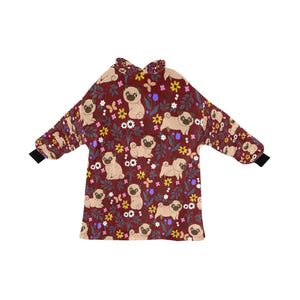 image of a maroon pug blanket hoodie with pugs and floral theme