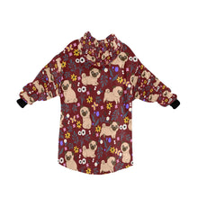 Load image into Gallery viewer, image of a maroon pug blanket hoodie with pugs and floral theme - back view