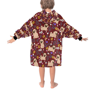 image of a maroon pug blanket hoodie with pugs and floral theme - back view