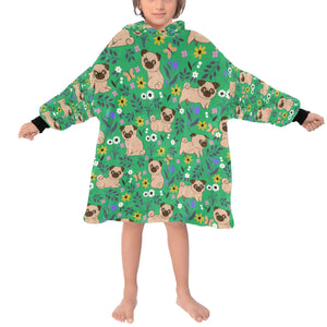 image of a kid wearing a pug blanket hoodie for kids - green