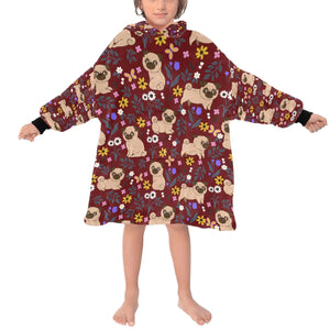 image of a kid wearing a pug blanket hoodie for kids - maroon