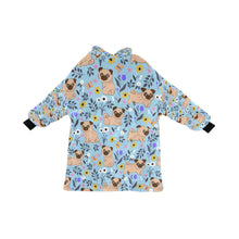 Load image into Gallery viewer, image of a light blue pug blanket hoodie with pugs and floral theme
