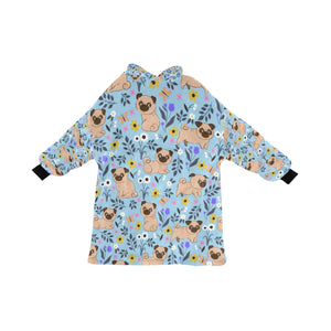 image of a light blue pug blanket hoodie with pugs and floral theme