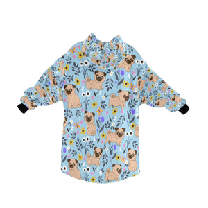image of a light blue pug blanket hoodie with pugs and floral theme - back view