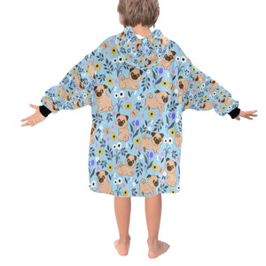 image of a light blue pug blanket hoodie with pugs and floral theme - back view