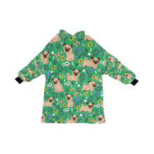 Load image into Gallery viewer, image of a green pug blanket hoodie with pugs and floral theme
