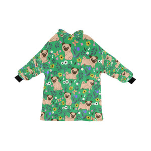 image of a green pug blanket hoodie with pugs and floral theme